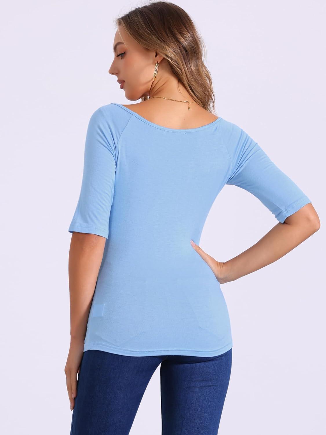 imageAllegra K Womens Half Sleeves Scoop Neck Fitted Layering Top Soft TShirtLight Blue