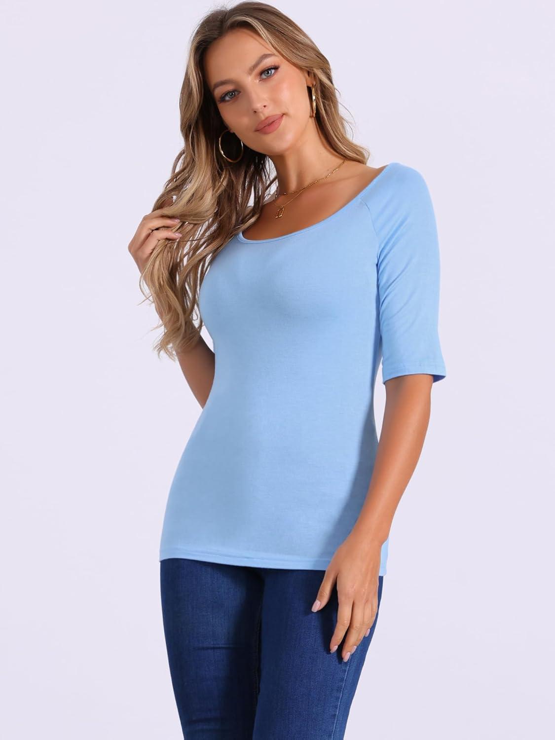 imageAllegra K Womens Half Sleeves Scoop Neck Fitted Layering Top Soft TShirtLight Blue