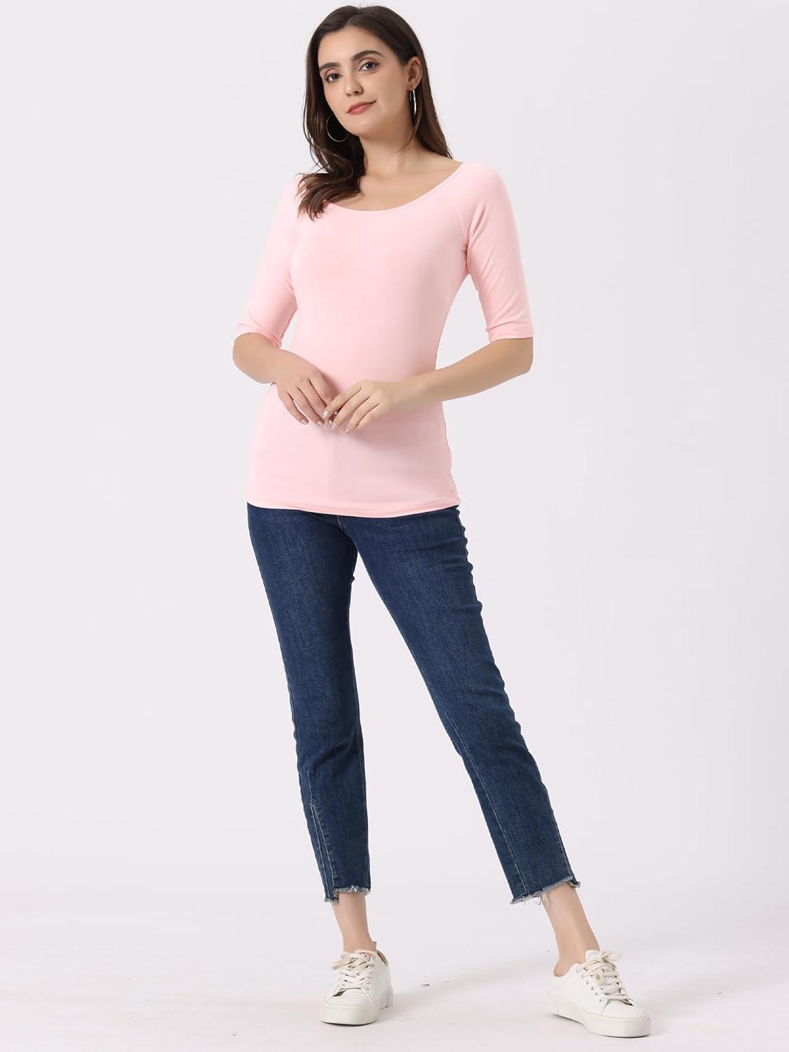 imageAllegra K Womens Half Sleeves Scoop Neck Fitted Layering Top Soft TShirtLight Pink