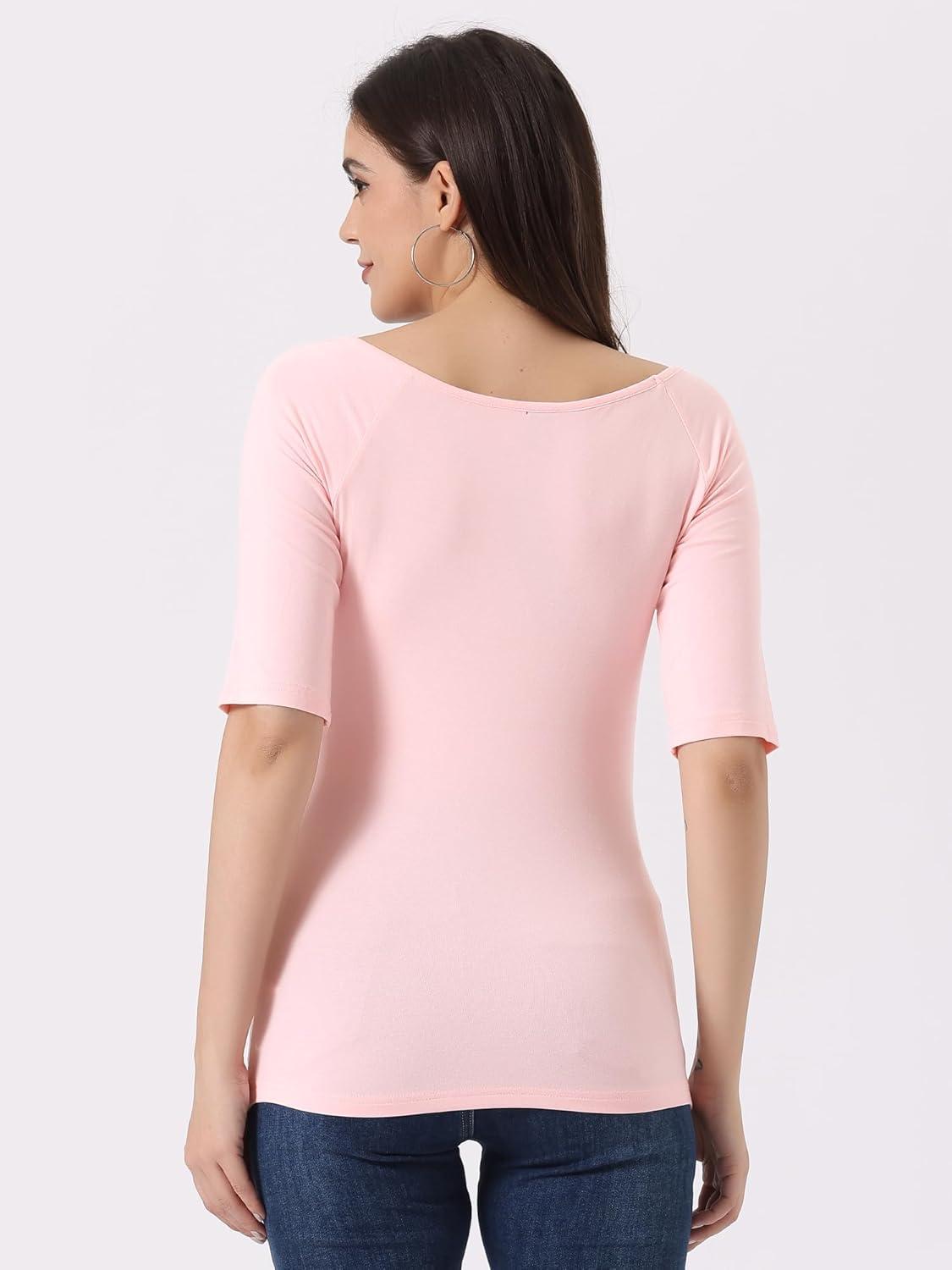 imageAllegra K Womens Half Sleeves Scoop Neck Fitted Layering Top Soft TShirtLight Pink