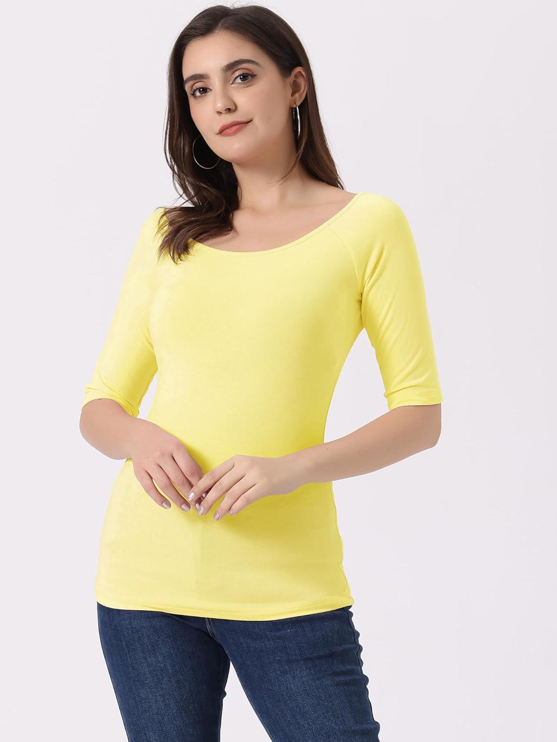imageAllegra K Womens Half Sleeves Scoop Neck Fitted Layering Top Soft TShirtLight Yellow