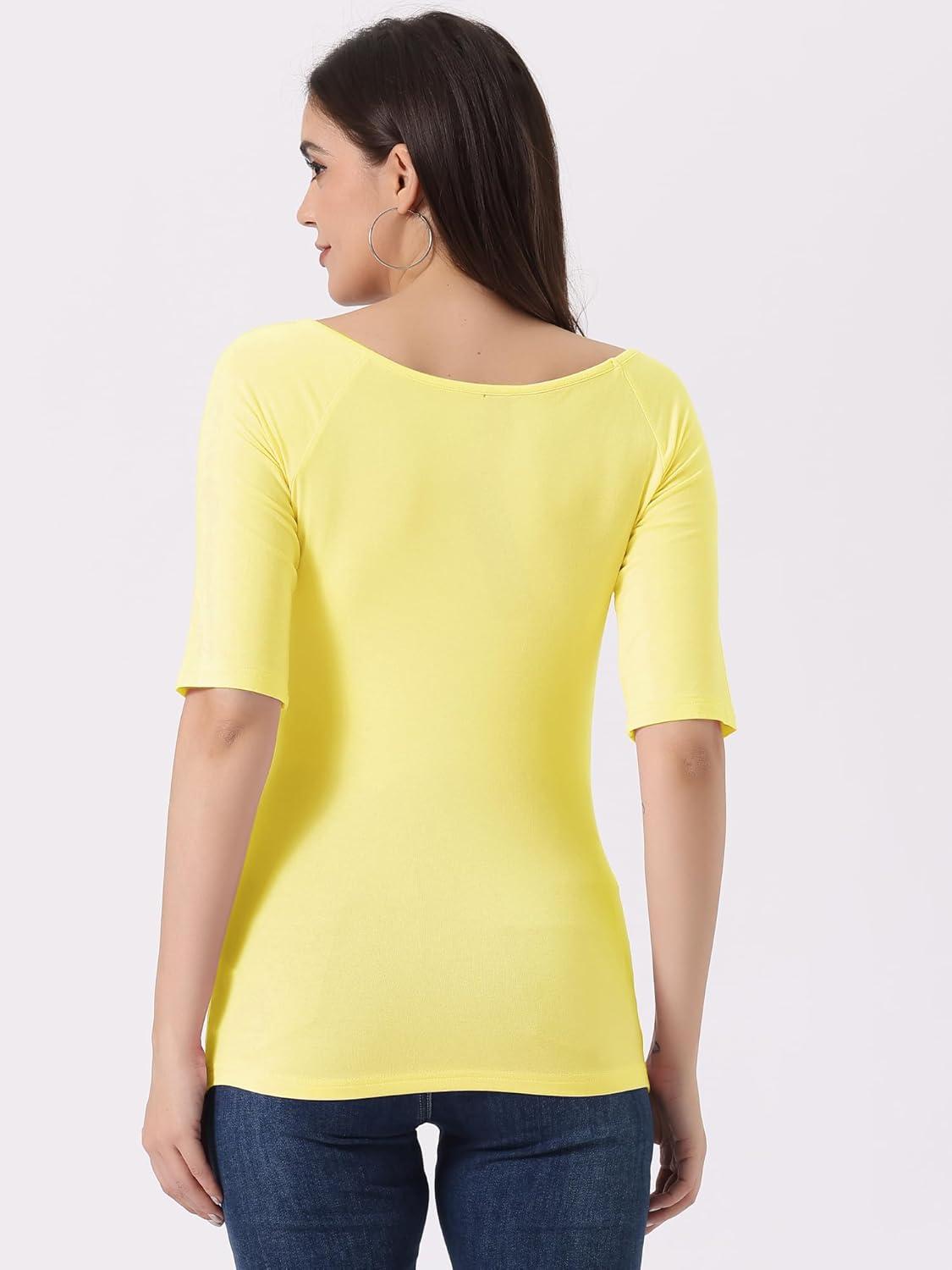 imageAllegra K Womens Half Sleeves Scoop Neck Fitted Layering Top Soft TShirtLight Yellow