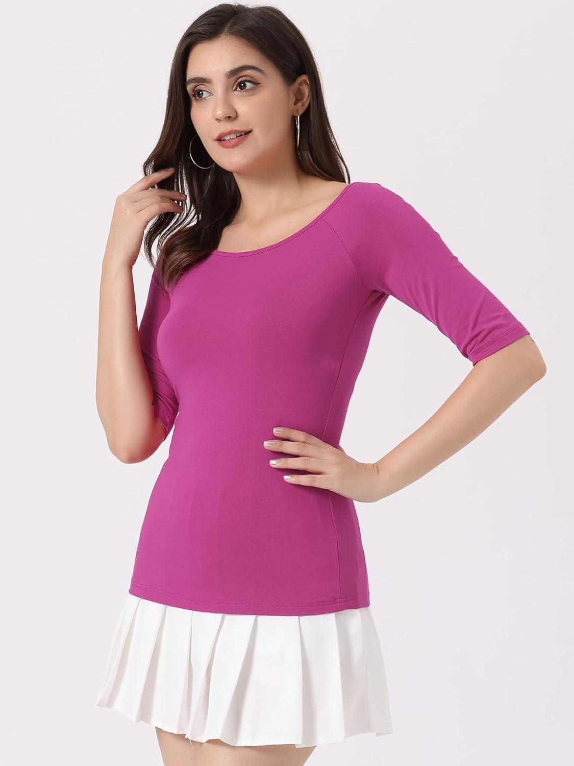 imageAllegra K Womens Half Sleeves Scoop Neck Fitted Layering Top Soft TShirtPurplish Red