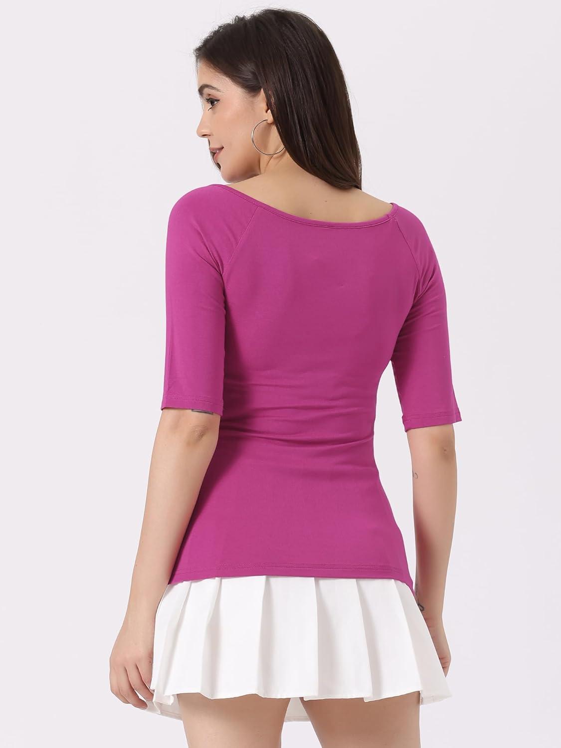 imageAllegra K Womens Half Sleeves Scoop Neck Fitted Layering Top Soft TShirtPurplish Red