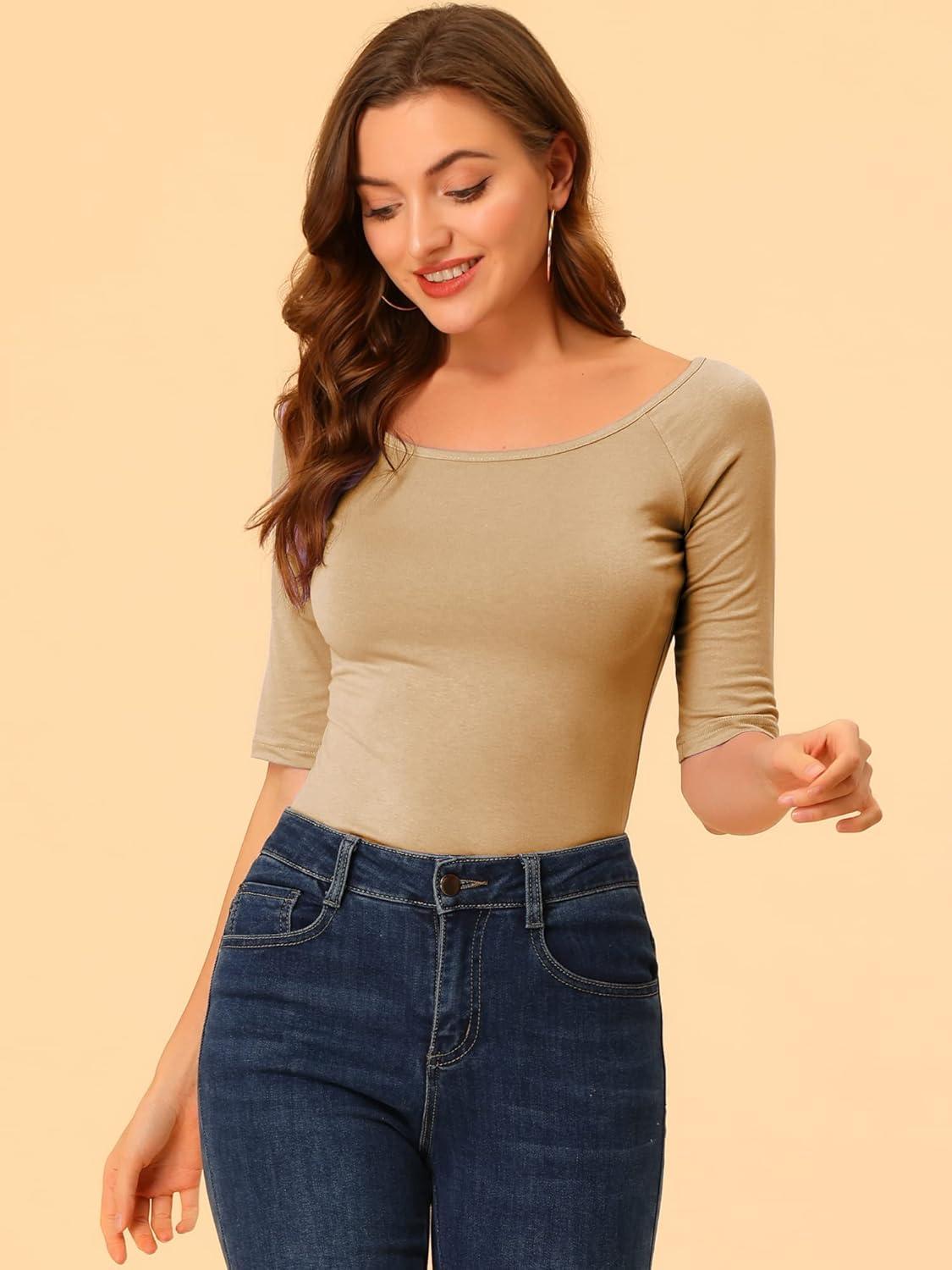 imageAllegra K Womens Half Sleeves Scoop Neck Fitted Layering Top Soft TShirtTan