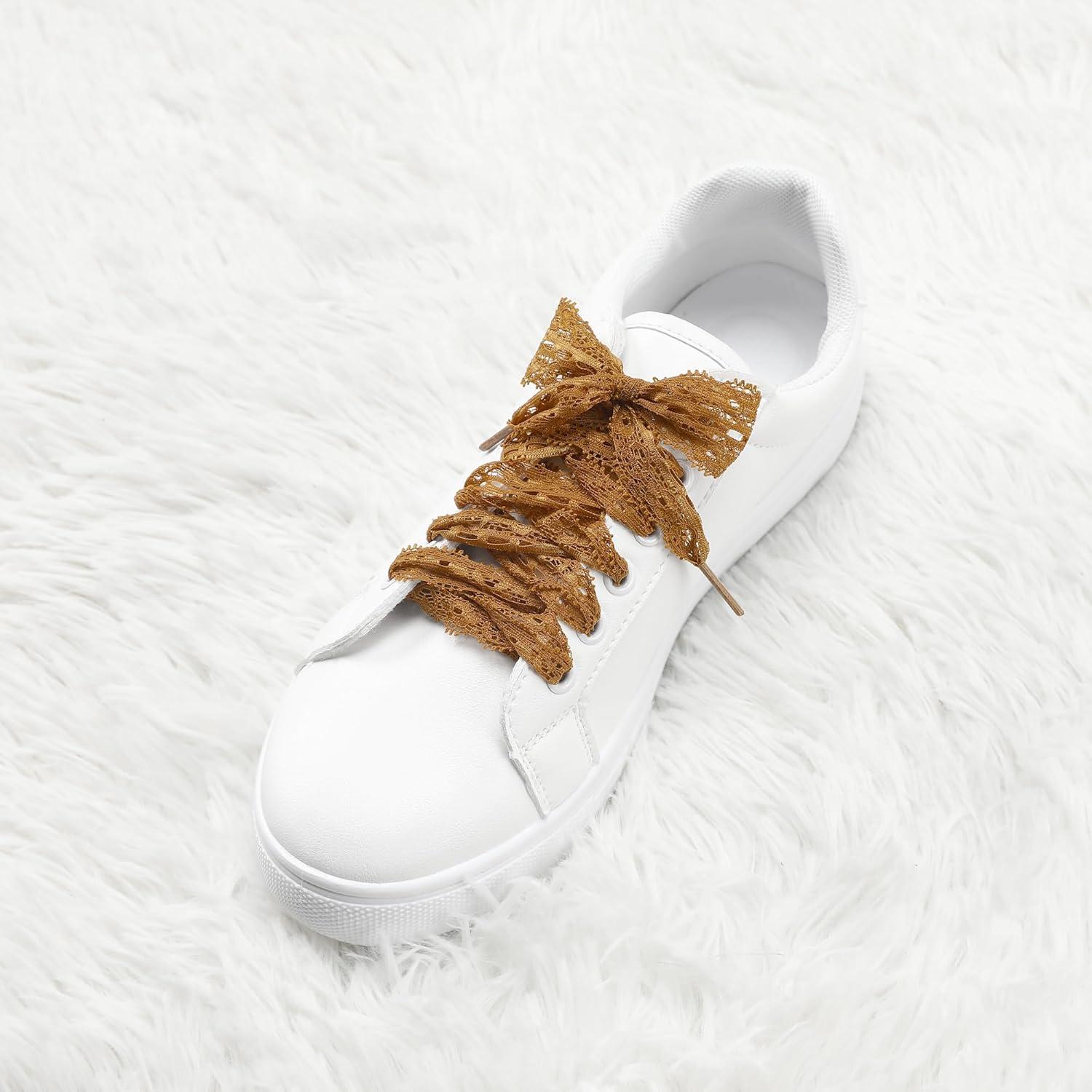 imageAllegra K Womens Lace Hollow Flower Embroidered Shoestrings Extra Wide Flat Shoe Laces for Sneakers 2 PairsBrown