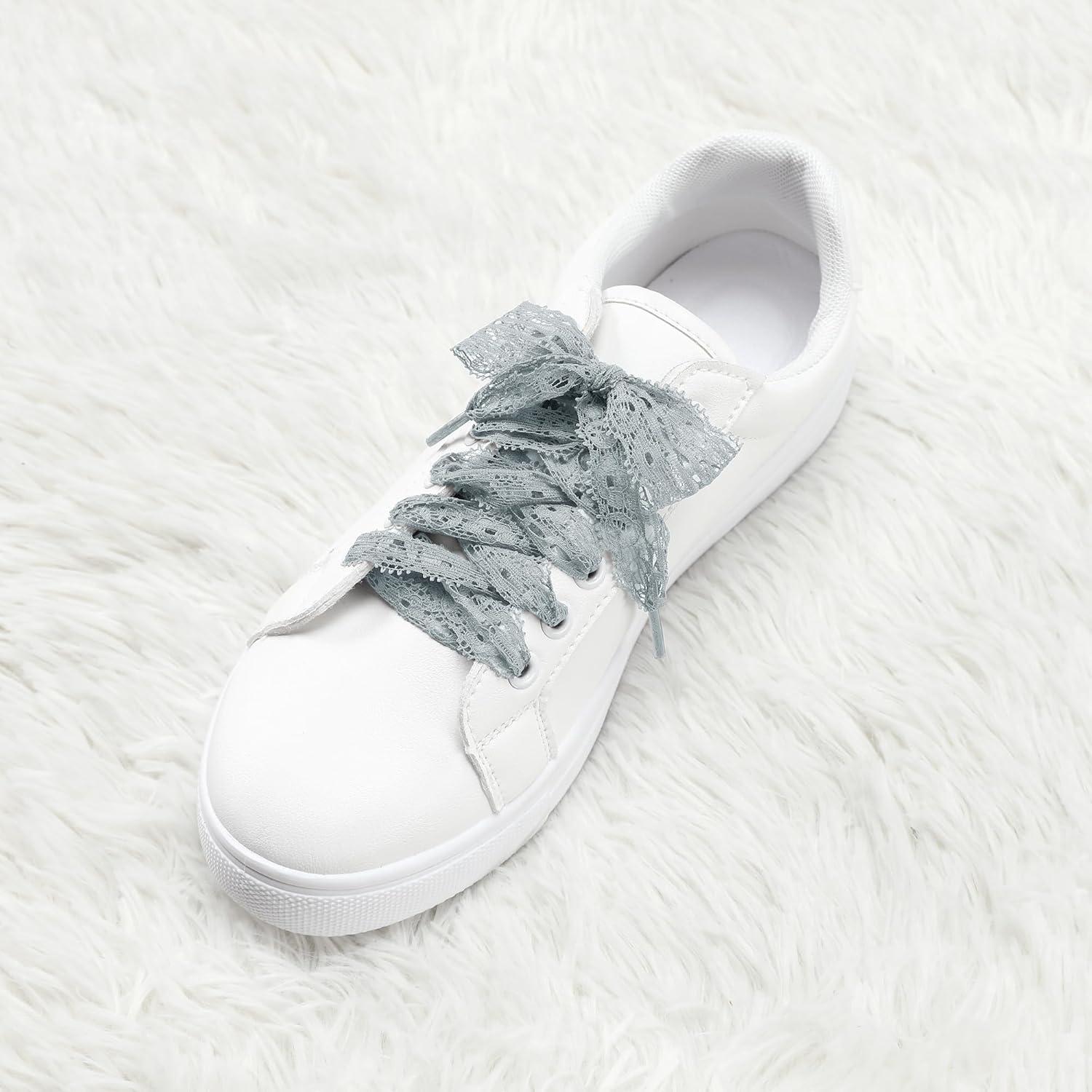 imageAllegra K Womens Lace Hollow Flower Embroidered Shoestrings Extra Wide Flat Shoe Laces for Sneakers 2 PairsGrey