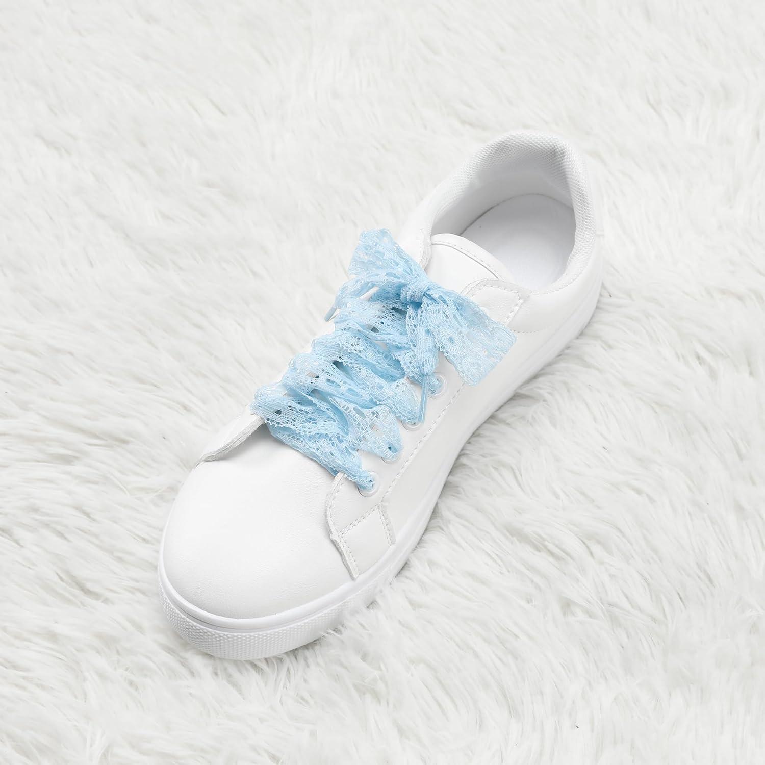 imageAllegra K Womens Lace Hollow Flower Embroidered Shoestrings Extra Wide Flat Shoe Laces for Sneakers 2 PairsLight Blue