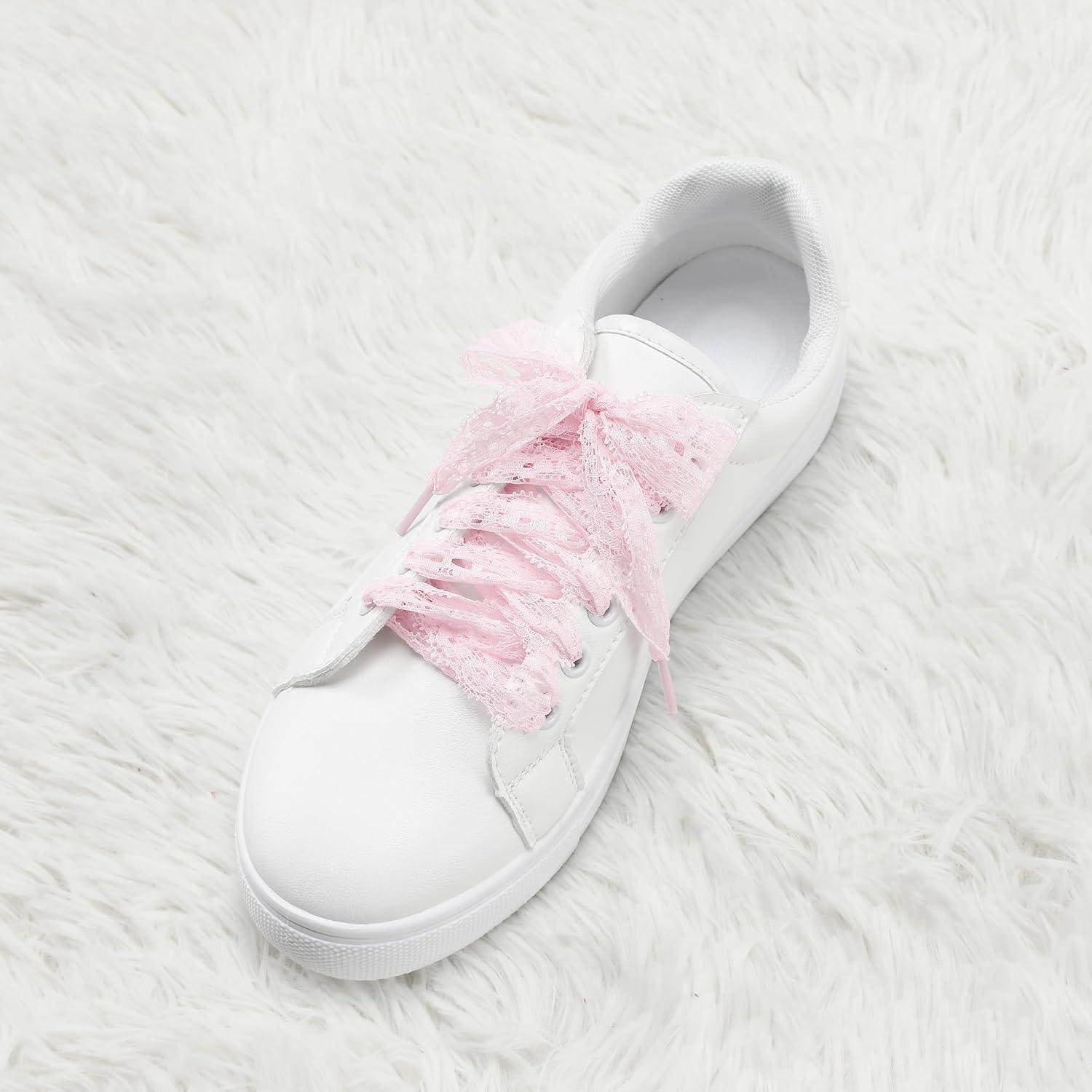 imageAllegra K Womens Lace Hollow Flower Embroidered Shoestrings Extra Wide Flat Shoe Laces for Sneakers 2 PairsPink