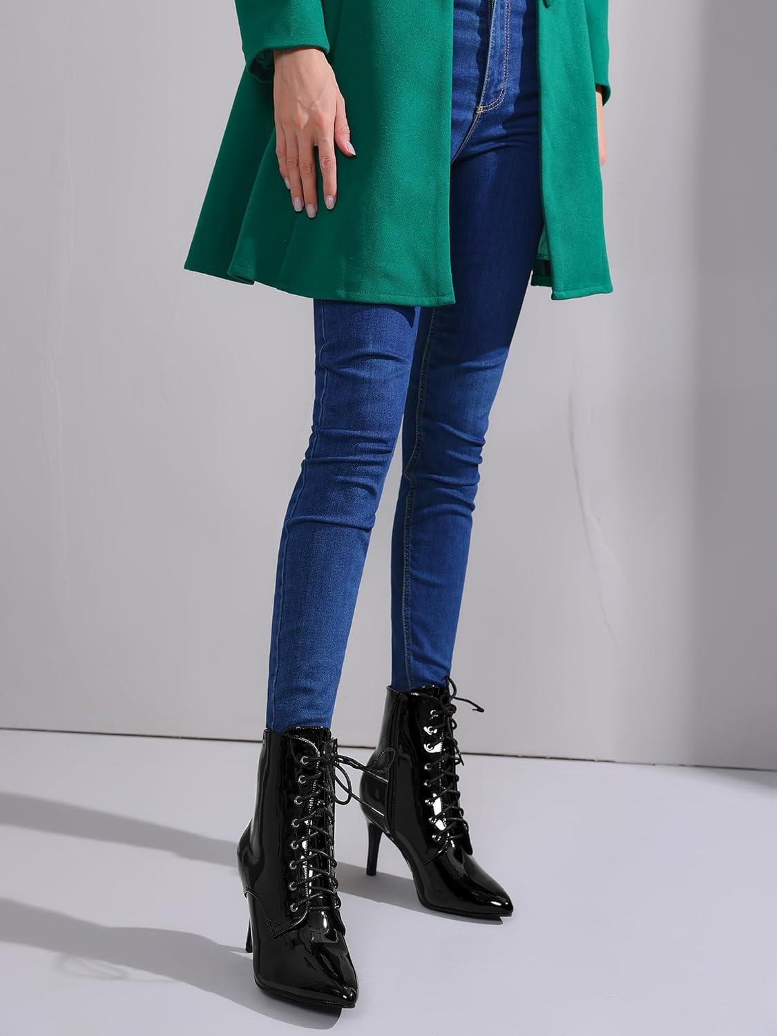 imageAllegra K Womens Lace Up Boots Pointed Toe Stiletto Heel Ankle BootsBlack