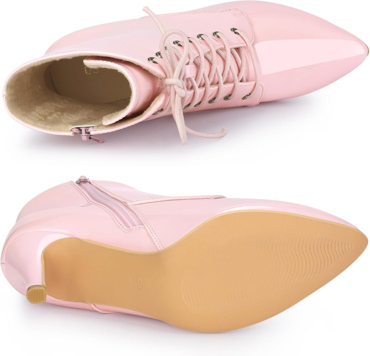 imageAllegra K Womens Lace Up Boots Pointed Toe Stiletto Heel Ankle BootsPink