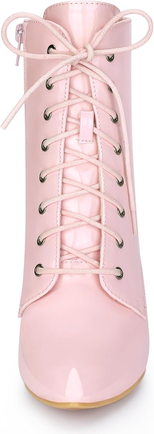 imageAllegra K Womens Lace Up Boots Pointed Toe Stiletto Heel Ankle BootsPink