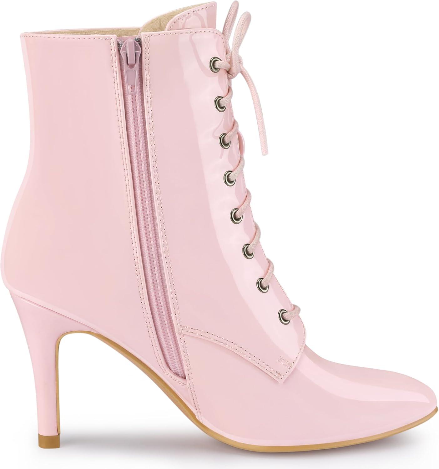 imageAllegra K Womens Lace Up Boots Pointed Toe Stiletto Heel Ankle BootsPink
