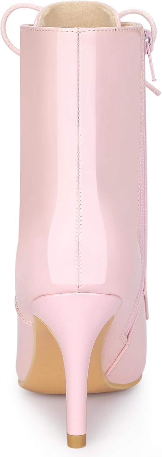 imageAllegra K Womens Lace Up Boots Pointed Toe Stiletto Heel Ankle BootsPink