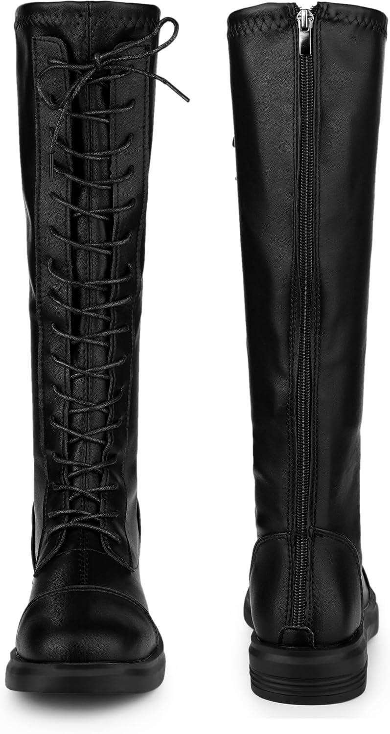 imageAllegra K Womens Lace Up Round Toe Lug Sole Boots Flat Low Heel Knee High BootsBlack