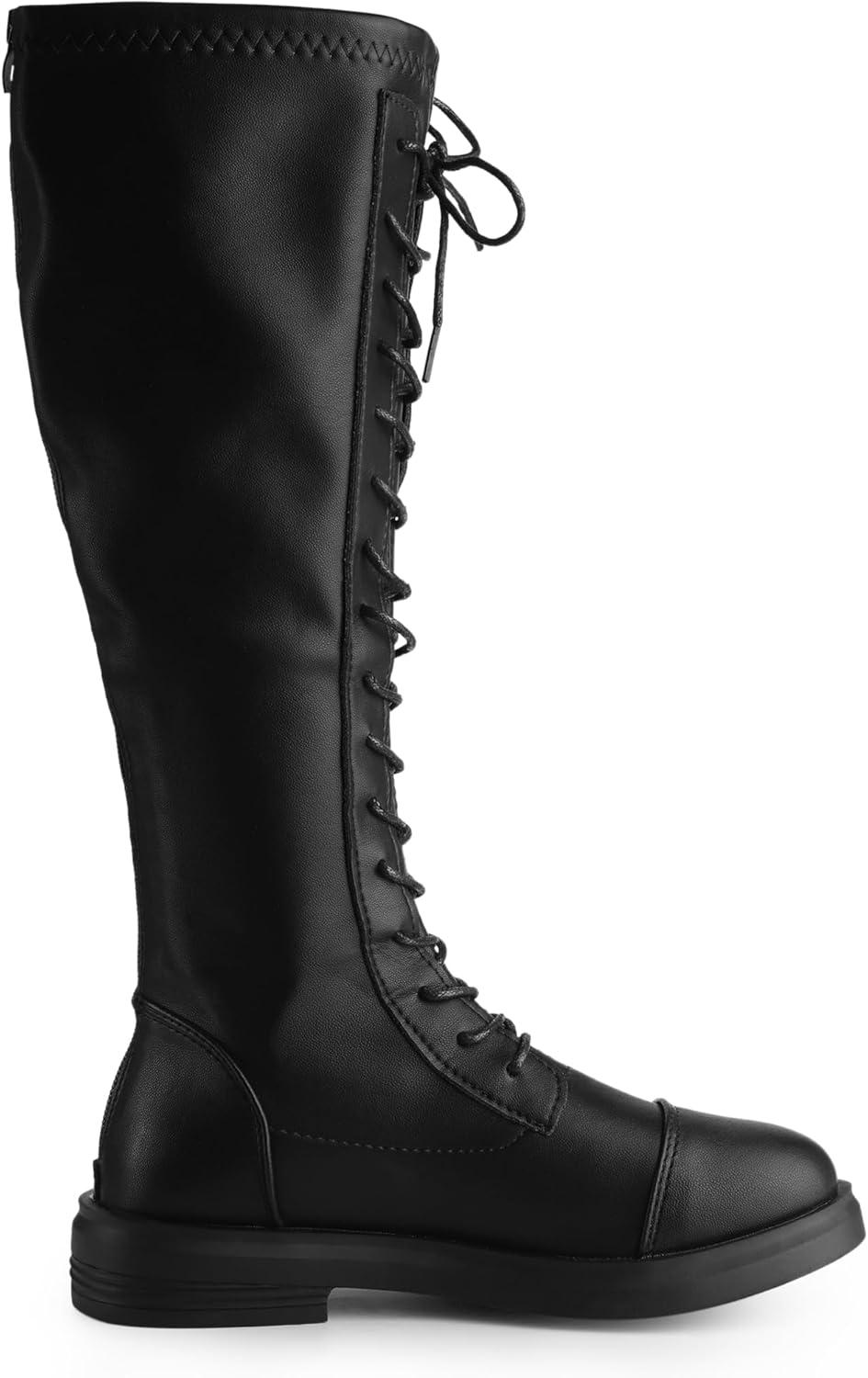 imageAllegra K Womens Lace Up Round Toe Lug Sole Boots Flat Low Heel Knee High BootsBlack