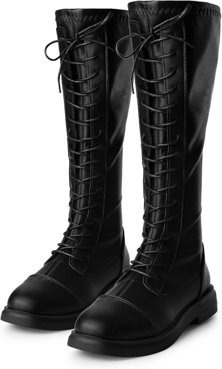 imageAllegra K Womens Lace Up Round Toe Lug Sole Boots Flat Low Heel Knee High BootsBlack