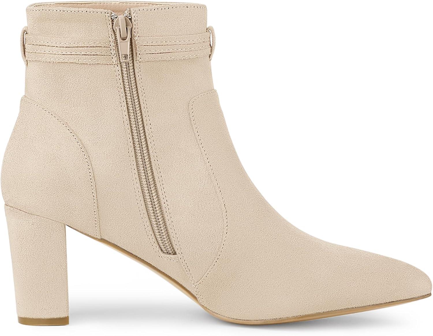imageAllegra K Womens Pointed Toe Block Heel Zipper Ankle BootsBeige