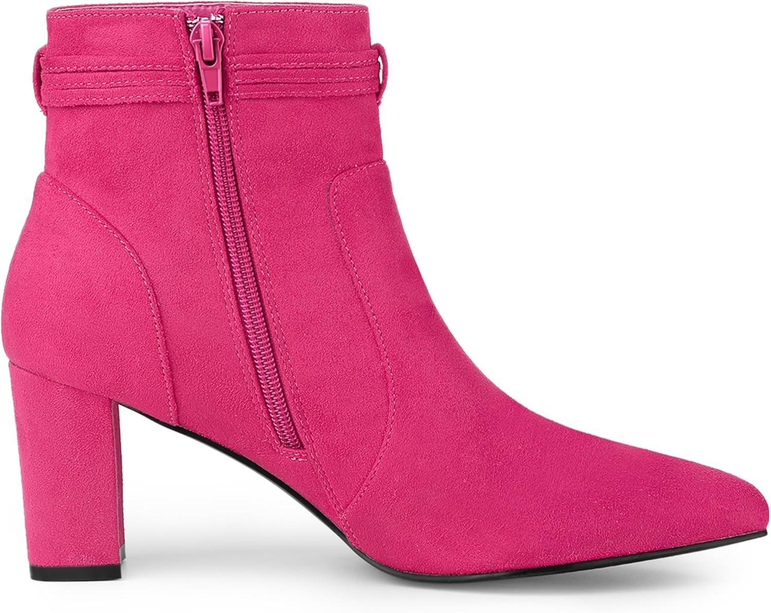 imageAllegra K Womens Pointed Toe Block Heel Zipper Ankle BootsHot Pink