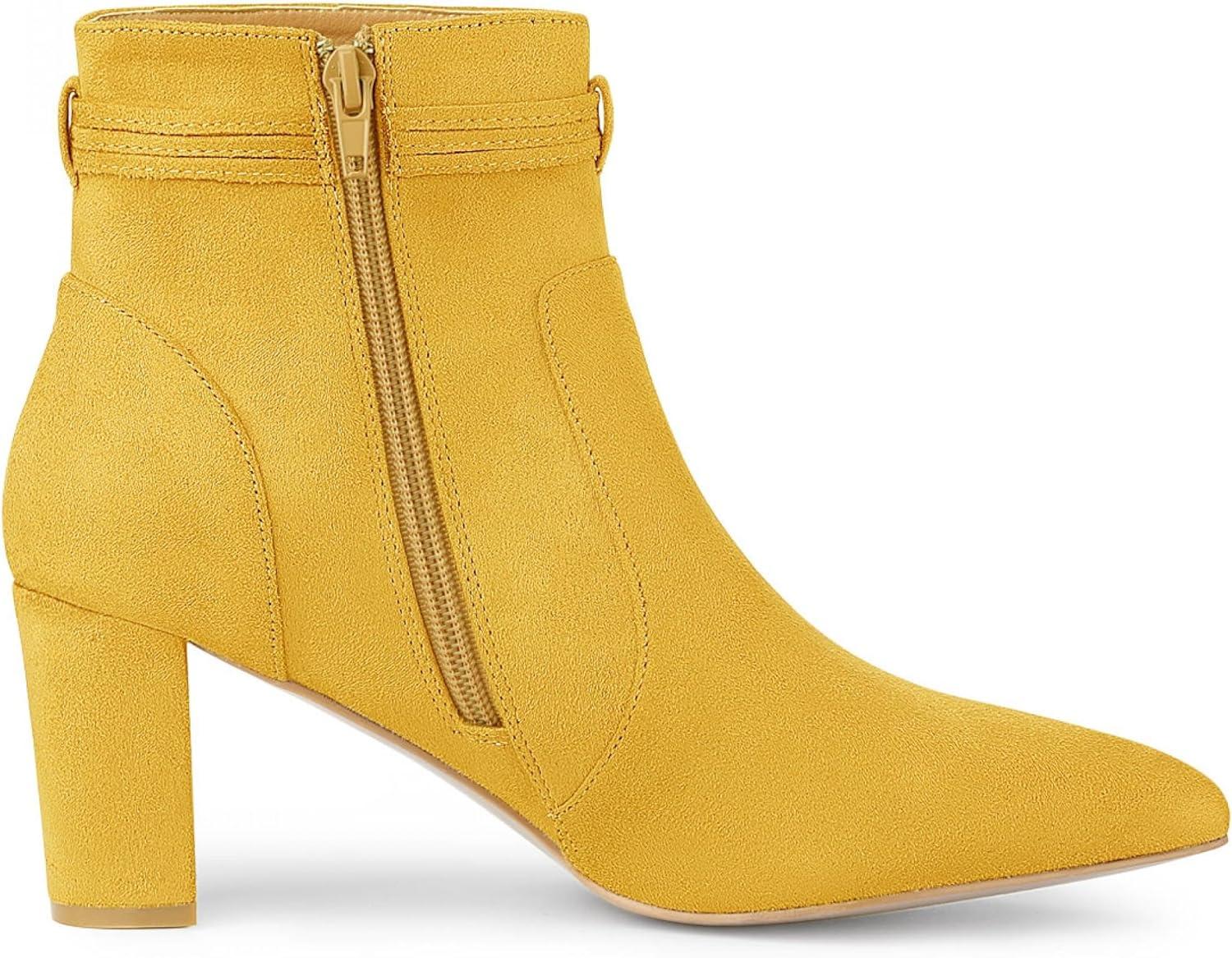 imageAllegra K Womens Pointed Toe Block Heel Zipper Ankle BootsYellow