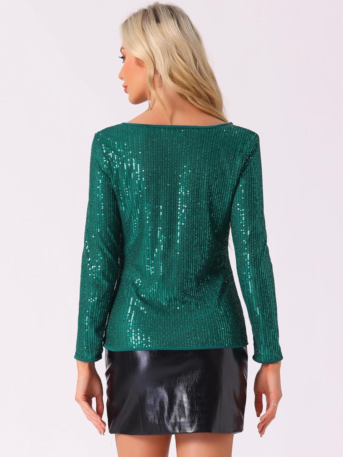 imageAllegra K Womens Sequin Glitter Tops Cowl Neck Long Sleeve Sparkle Clubwear BlousesDark Green
