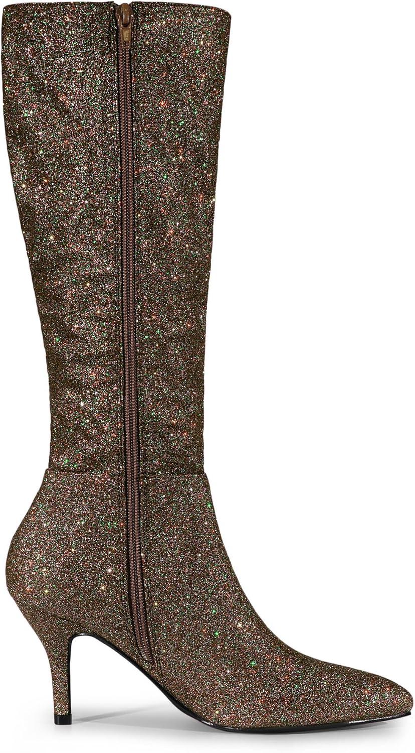 imageAllegra K Womens Sparkle Glitter Pointy Toe Stiletto Heel Knee High BootsDark Brown