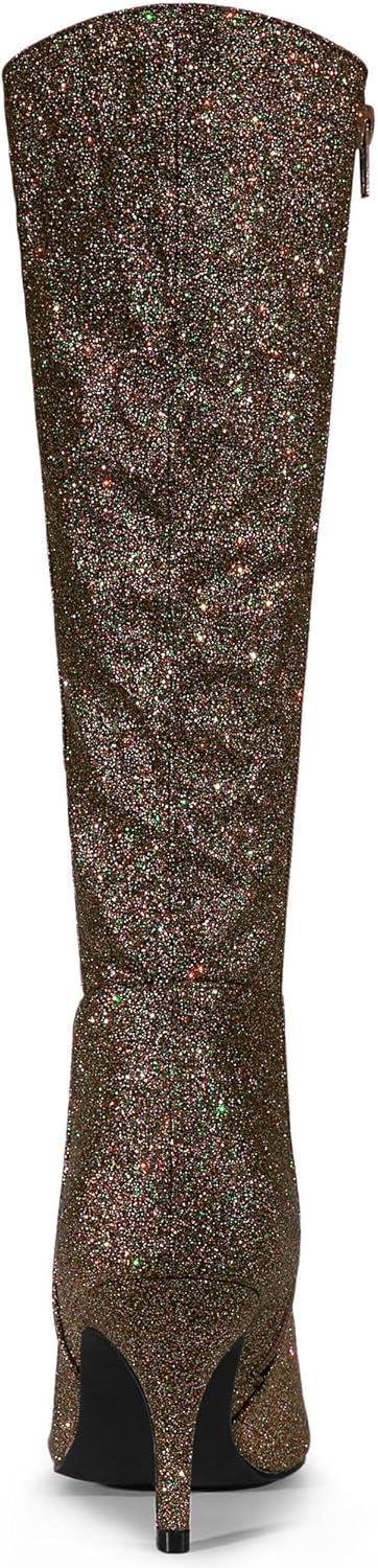 imageAllegra K Womens Sparkle Glitter Pointy Toe Stiletto Heel Knee High BootsDark Brown
