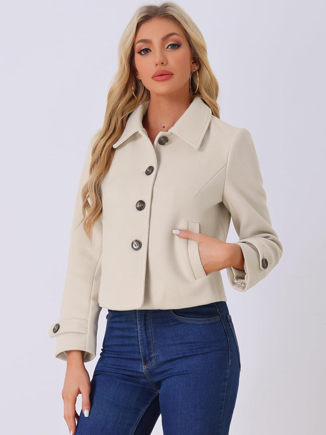 imageAllegra K Womens Turn Down Collar Long Sleeve Single Breasted Outwear Winter Pea CoatBeige