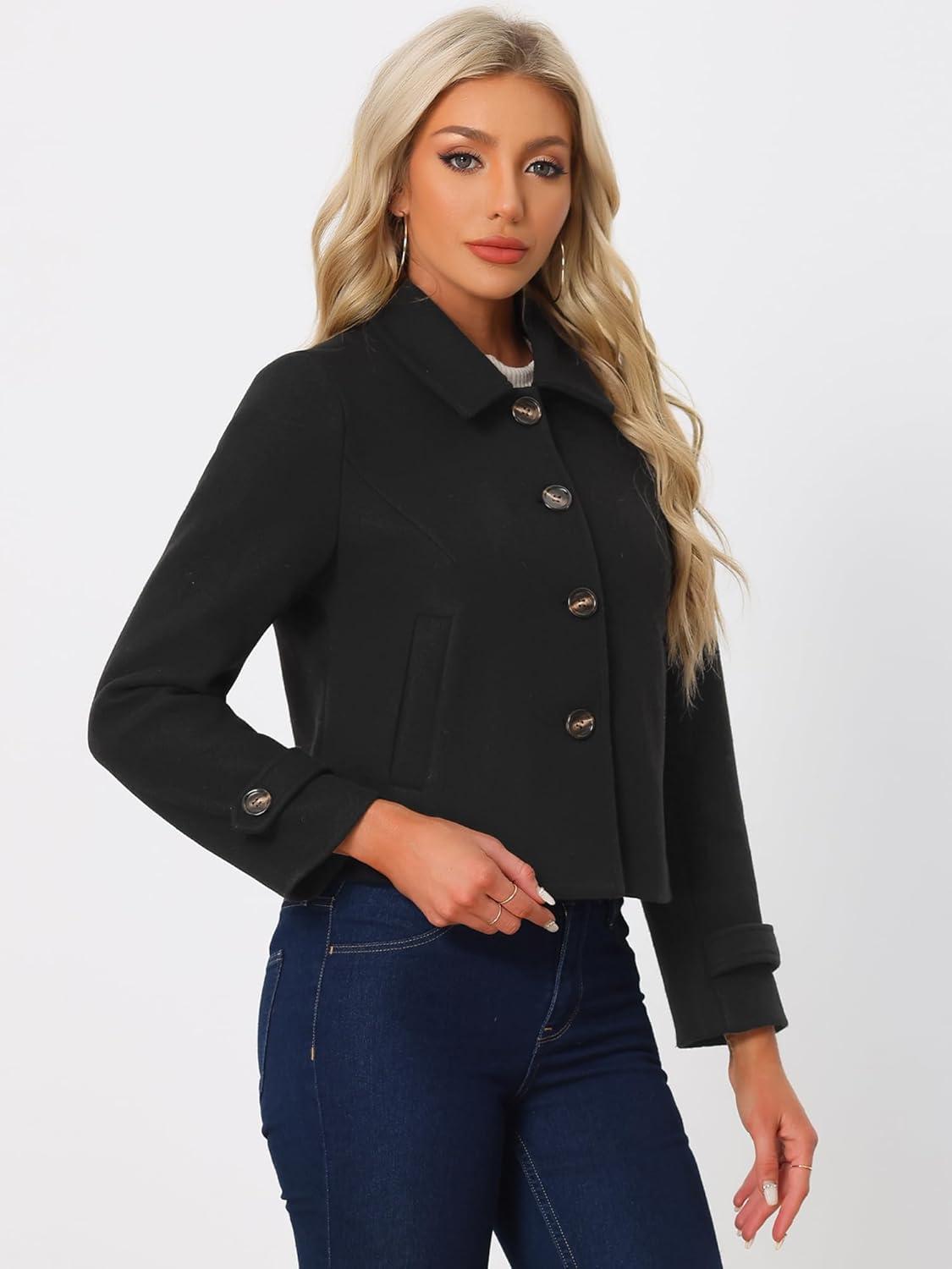 imageAllegra K Womens Turn Down Collar Long Sleeve Single Breasted Outwear Winter Pea CoatBlack