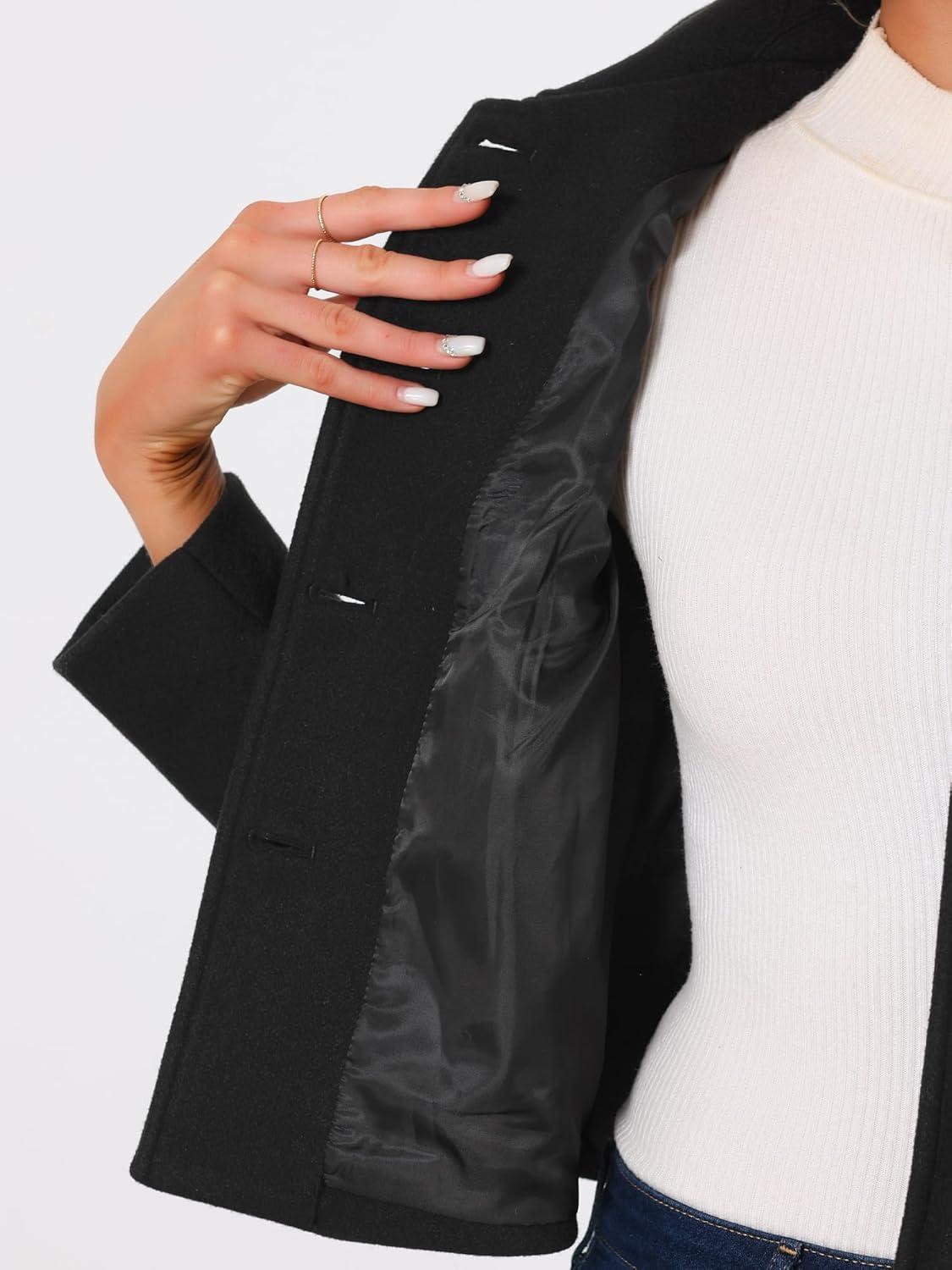 imageAllegra K Womens Turn Down Collar Long Sleeve Single Breasted Outwear Winter Pea CoatBlack