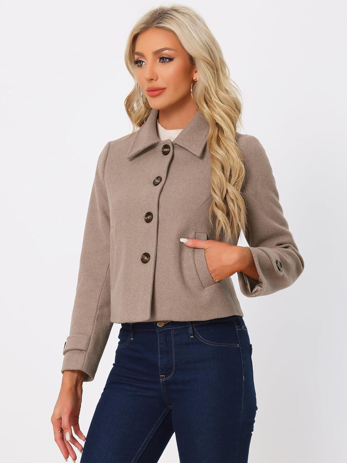 imageAllegra K Womens Turn Down Collar Long Sleeve Single Breasted Outwear Winter Pea CoatDark Beige