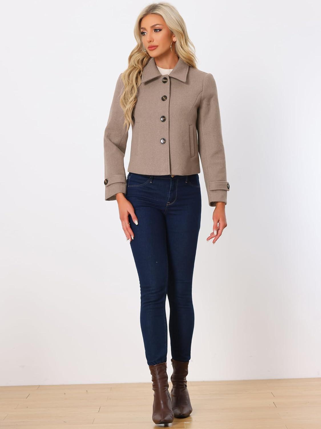 imageAllegra K Womens Turn Down Collar Long Sleeve Single Breasted Outwear Winter Pea CoatDark Beige