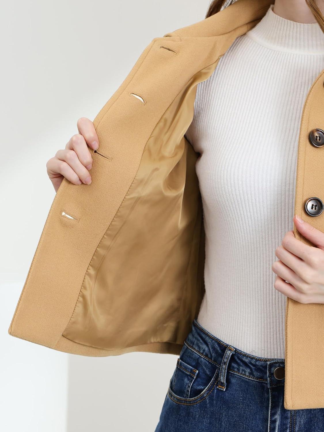 imageAllegra K Womens Turn Down Collar Long Sleeve Single Breasted Outwear Winter Pea CoatKhaki