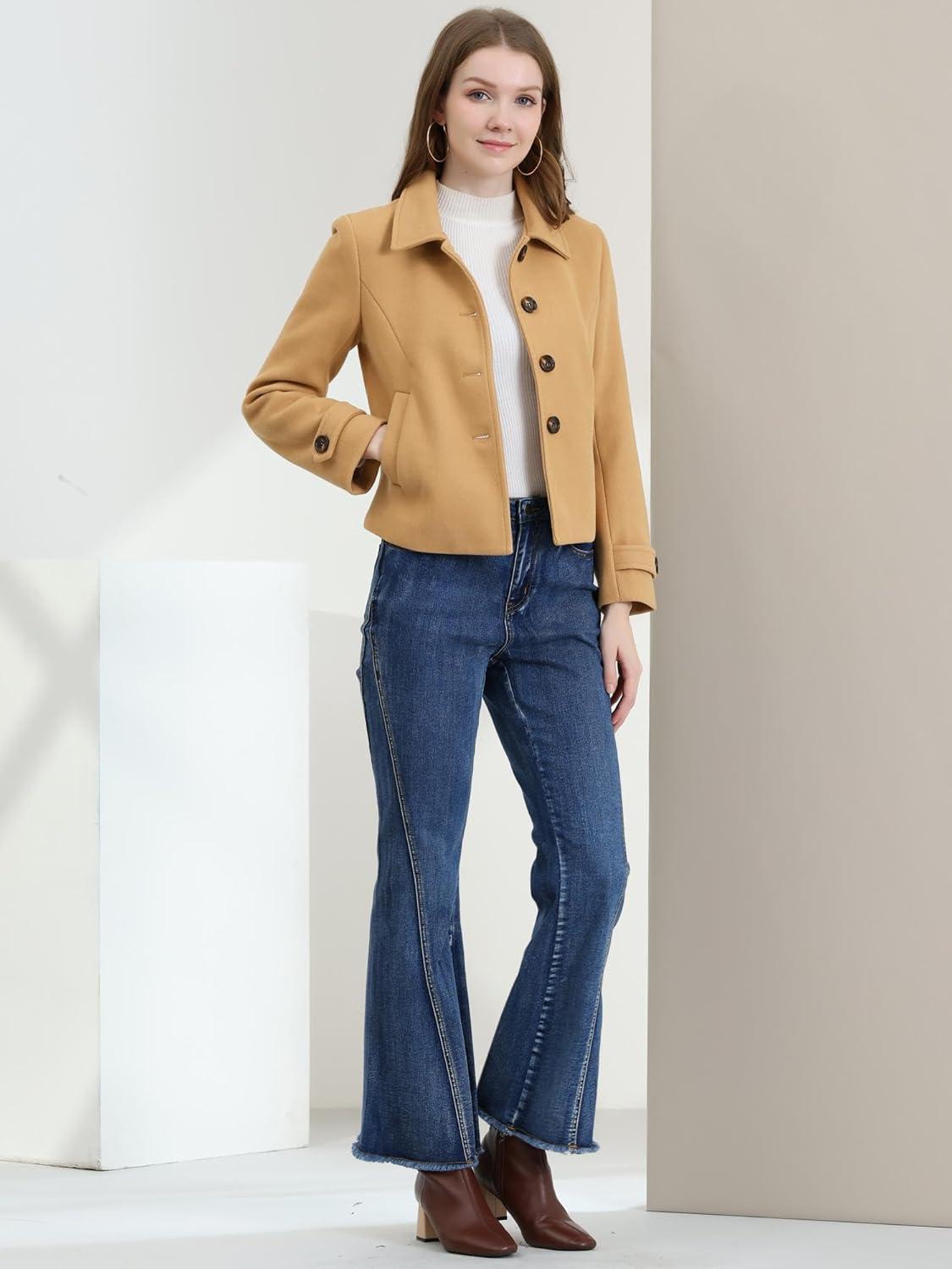 imageAllegra K Womens Turn Down Collar Long Sleeve Single Breasted Outwear Winter Pea CoatKhaki