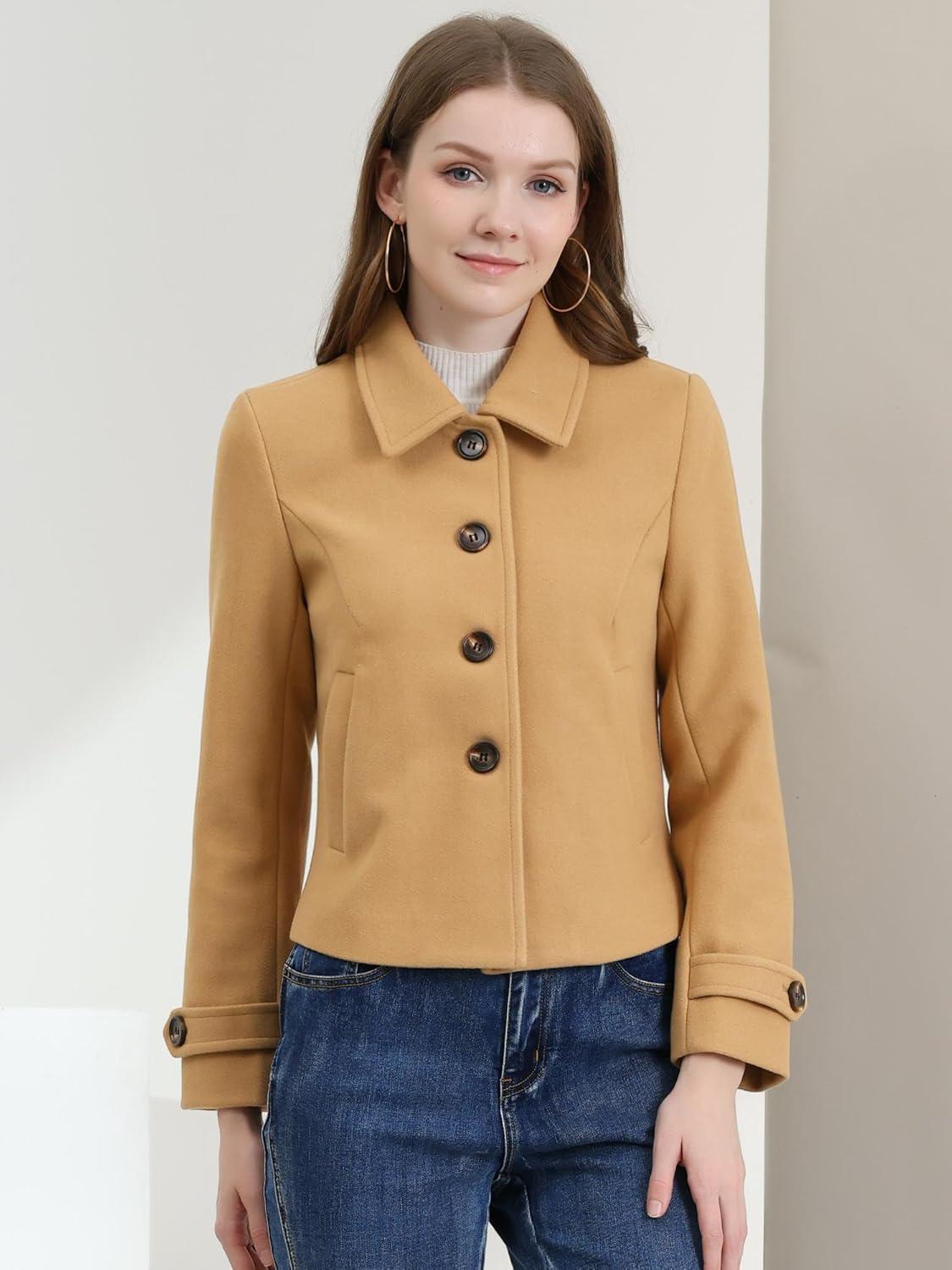 imageAllegra K Womens Turn Down Collar Long Sleeve Single Breasted Outwear Winter Pea CoatKhaki