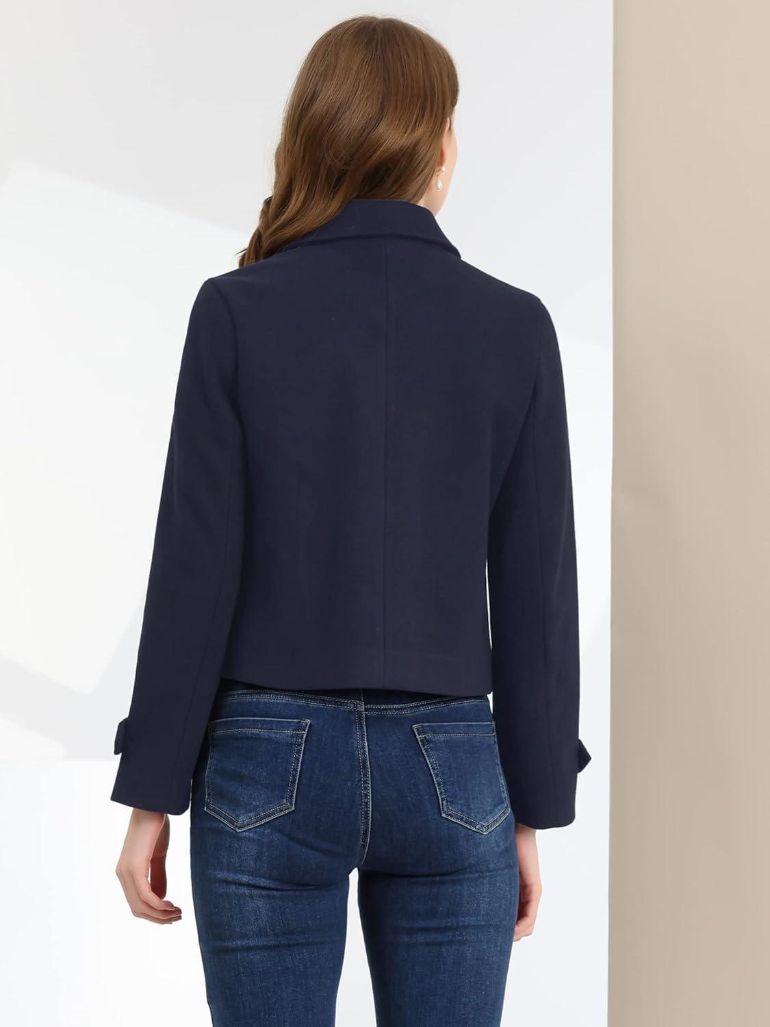 imageAllegra K Womens Turn Down Collar Long Sleeve Single Breasted Outwear Winter Pea CoatNavy Blue