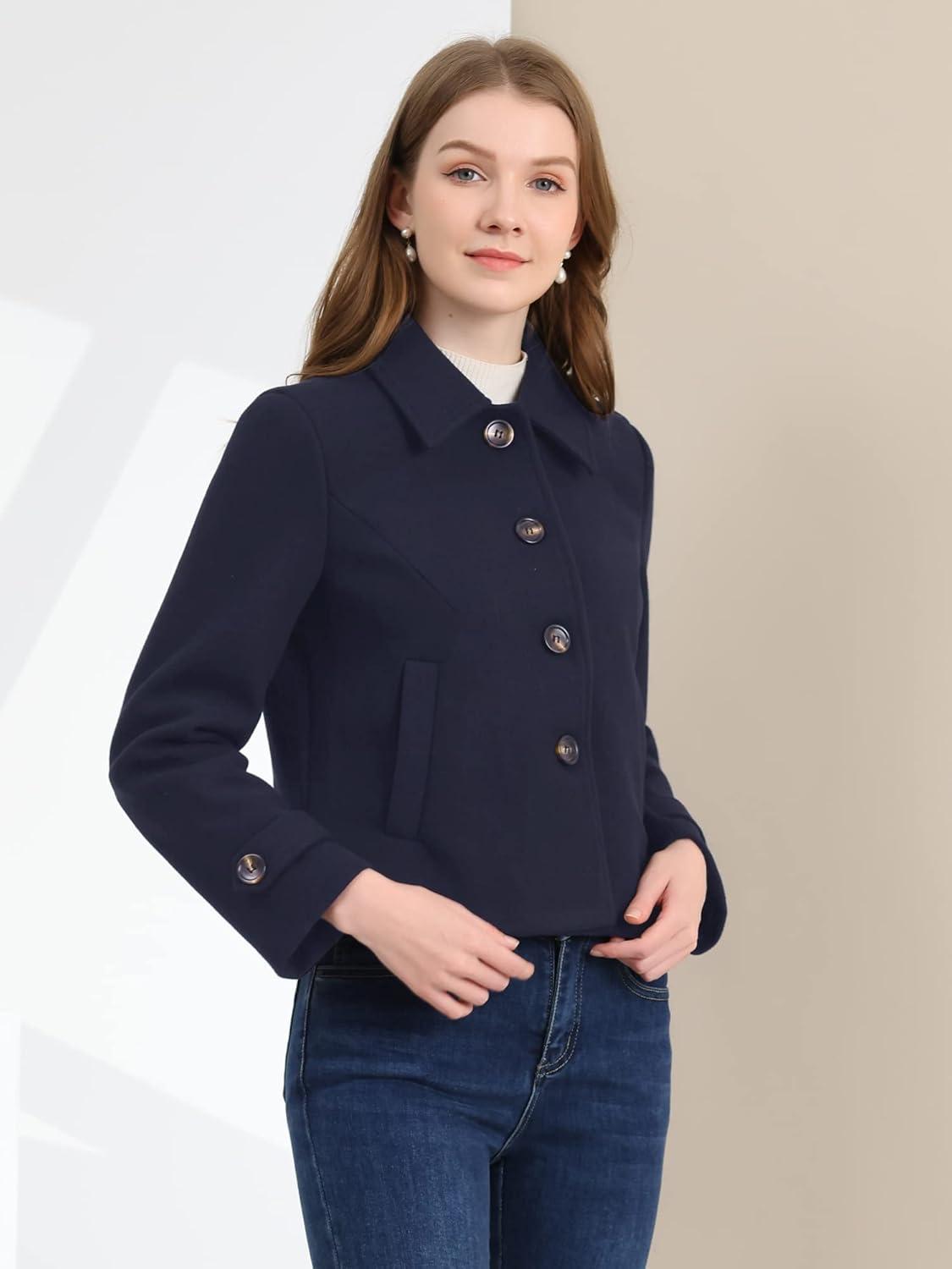 imageAllegra K Womens Turn Down Collar Long Sleeve Single Breasted Outwear Winter Pea CoatNavy Blue