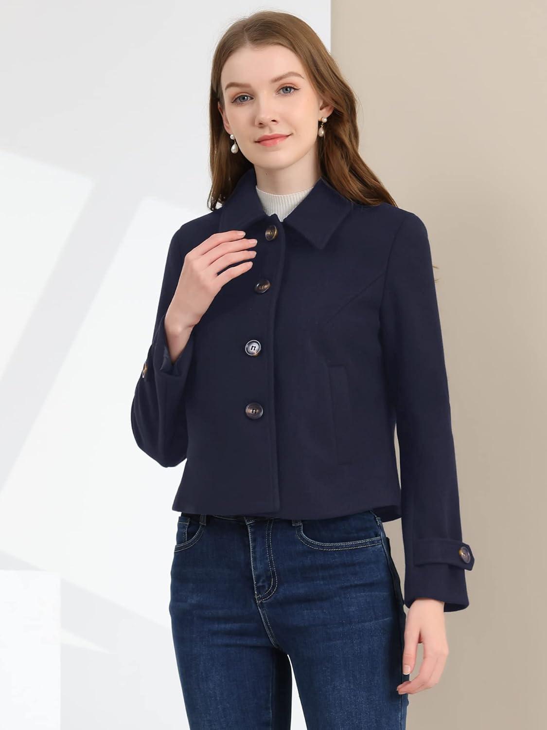 imageAllegra K Womens Turn Down Collar Long Sleeve Single Breasted Outwear Winter Pea CoatNavy Blue
