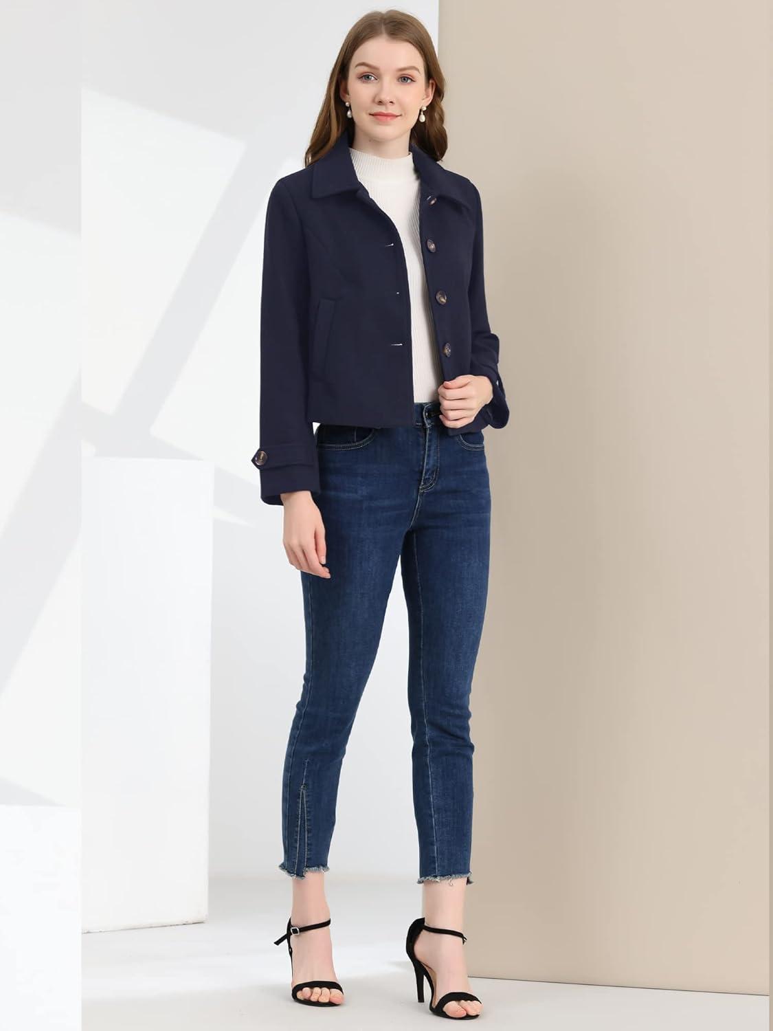 imageAllegra K Womens Turn Down Collar Long Sleeve Single Breasted Outwear Winter Pea CoatNavy Blue