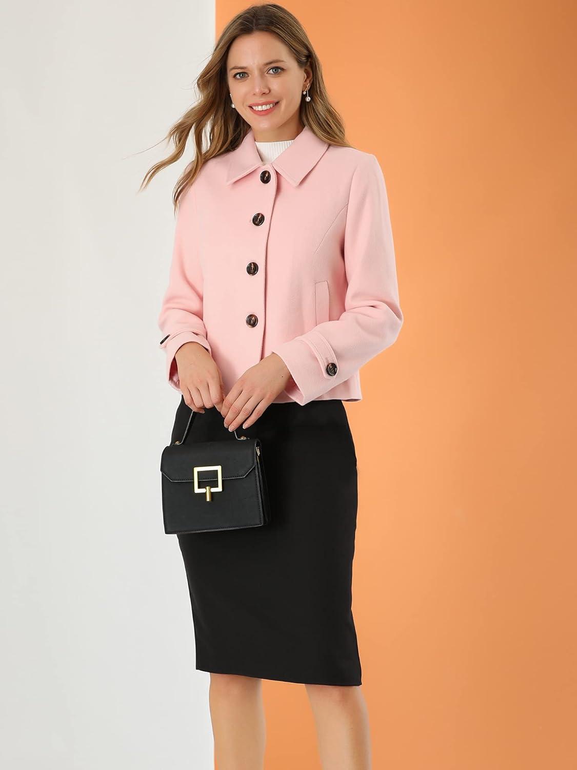 imageAllegra K Womens Turn Down Collar Long Sleeve Single Breasted Outwear Winter Pea CoatPink