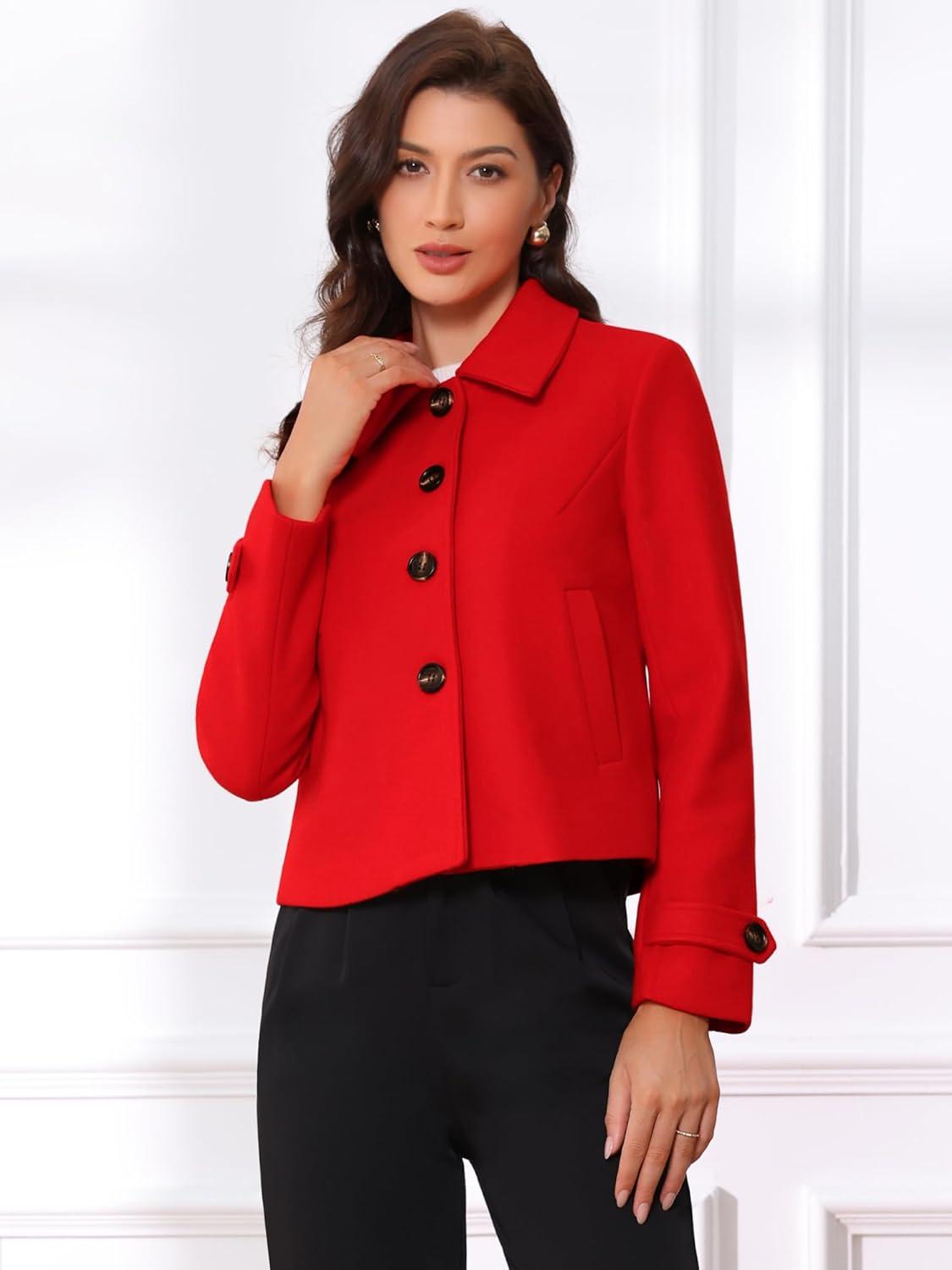 imageAllegra K Womens Turn Down Collar Long Sleeve Single Breasted Outwear Winter Pea CoatRed