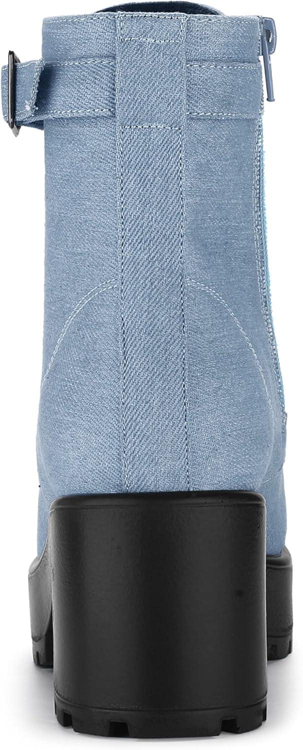 imageAllegra K Womens Zip Chunky Heel Platform Ankle Combat BootsDenim Blue