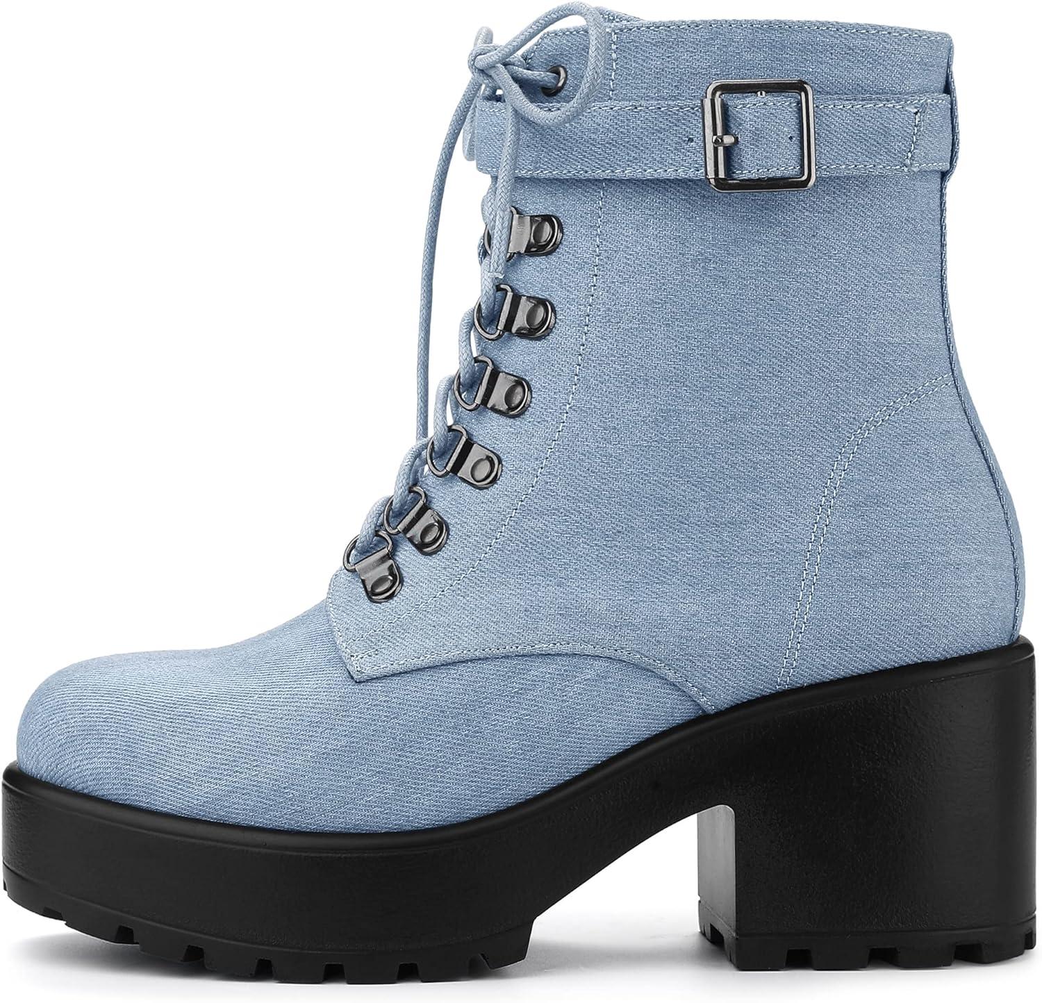 imageAllegra K Womens Zip Chunky Heel Platform Ankle Combat BootsDenim Blue