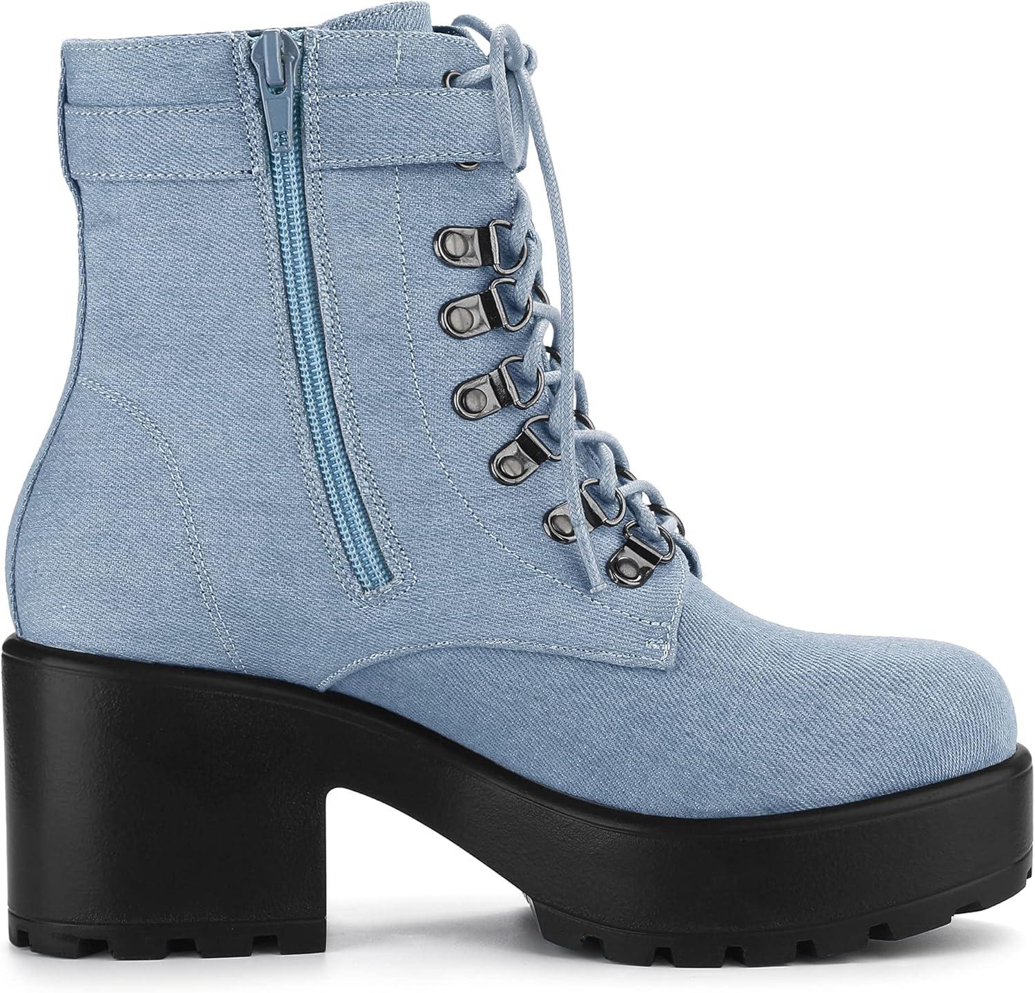 imageAllegra K Womens Zip Chunky Heel Platform Ankle Combat BootsDenim Blue