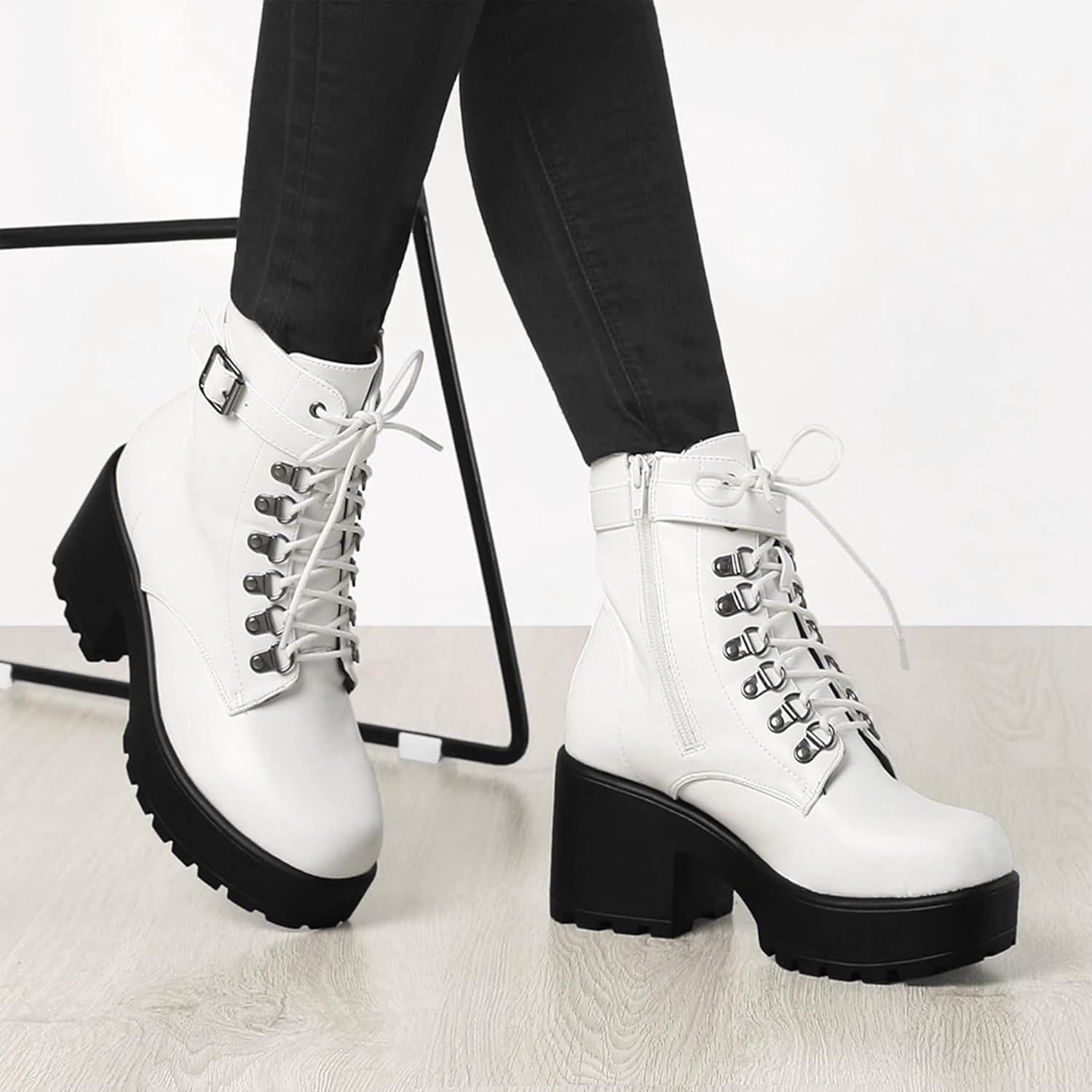 imageAllegra K Womens Zip Chunky Heel Platform Ankle Combat BootsWhite