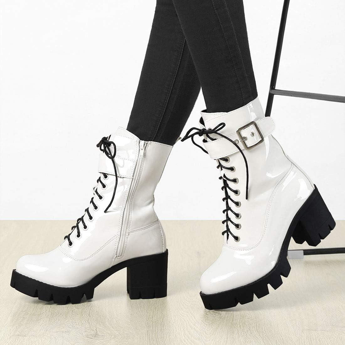 imageAllegra K Womens Zip Platform Chunky Heel Combat BootsWhite