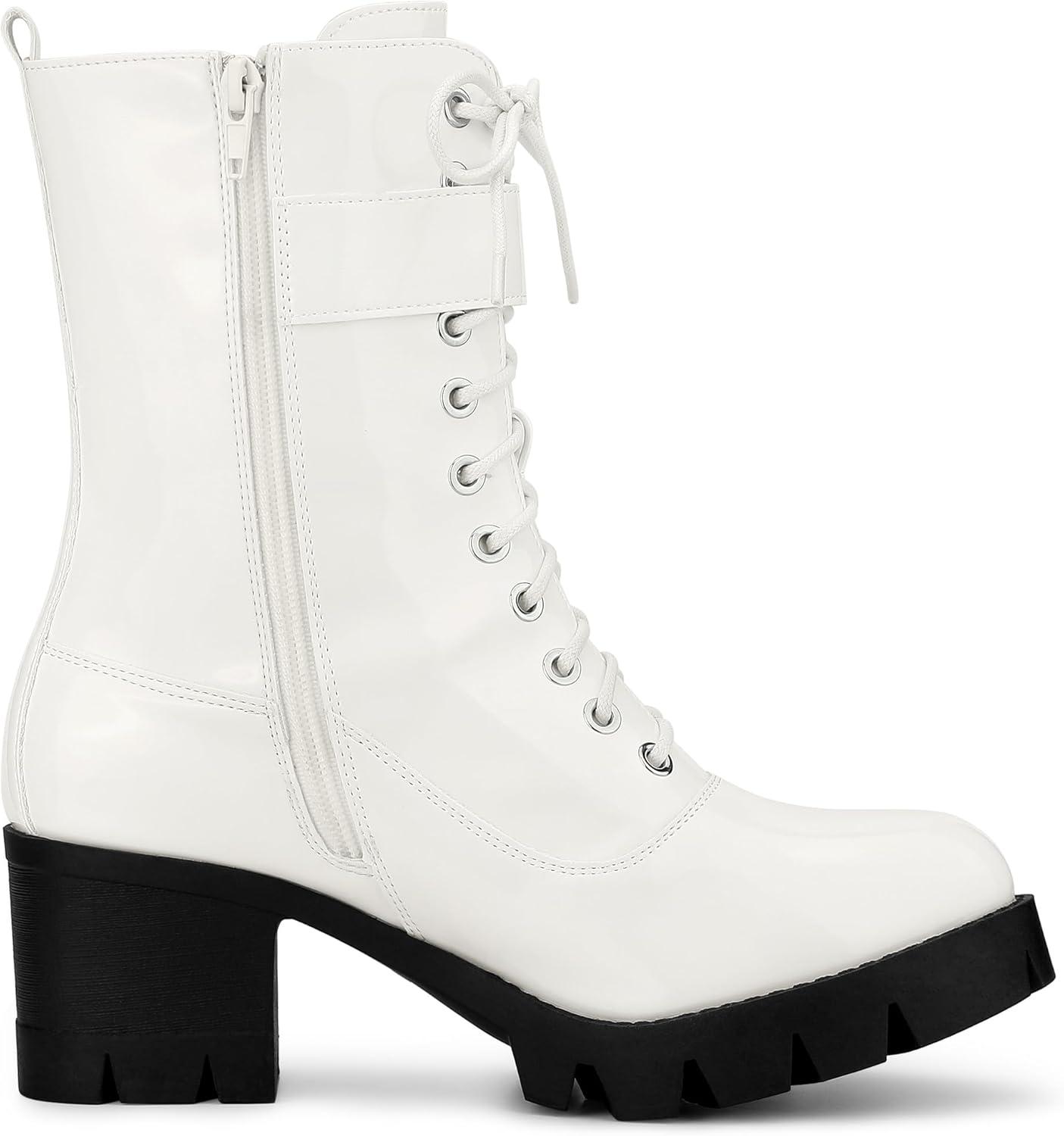 imageAllegra K Womens Zip Platform Chunky Heel Combat BootsWhite