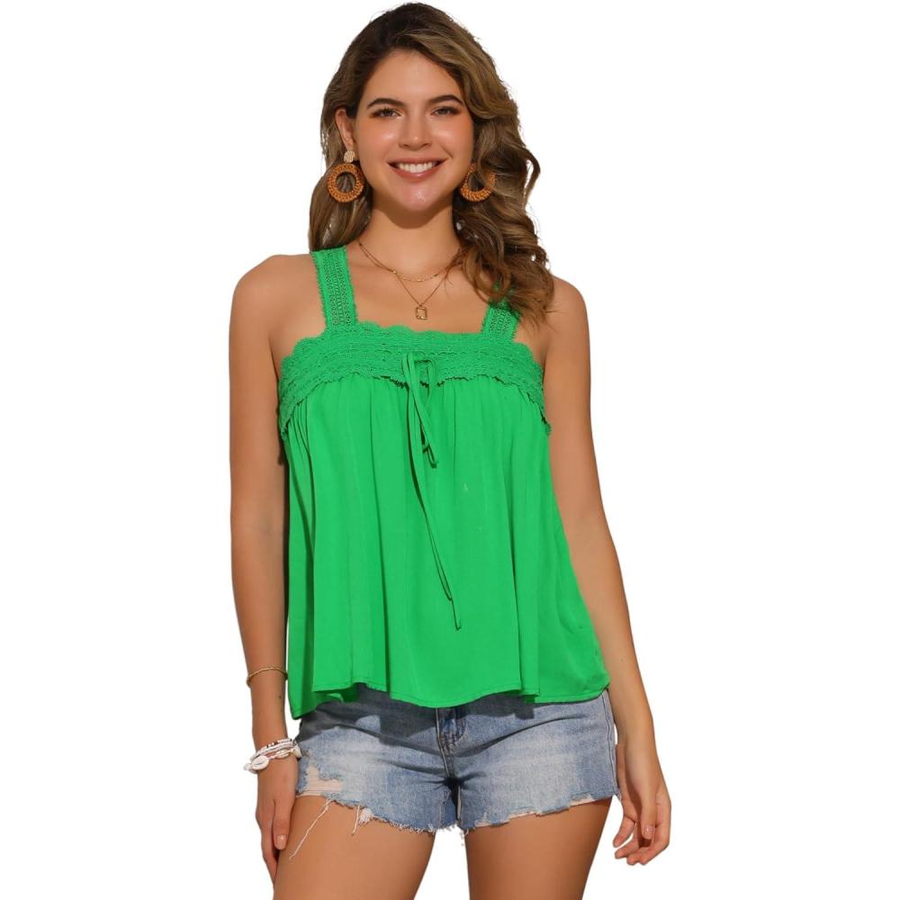 imageAllegra K Casual Sleeveless Top for Womens Square Neck Panel Lace Ruffles Tank TopsGreen