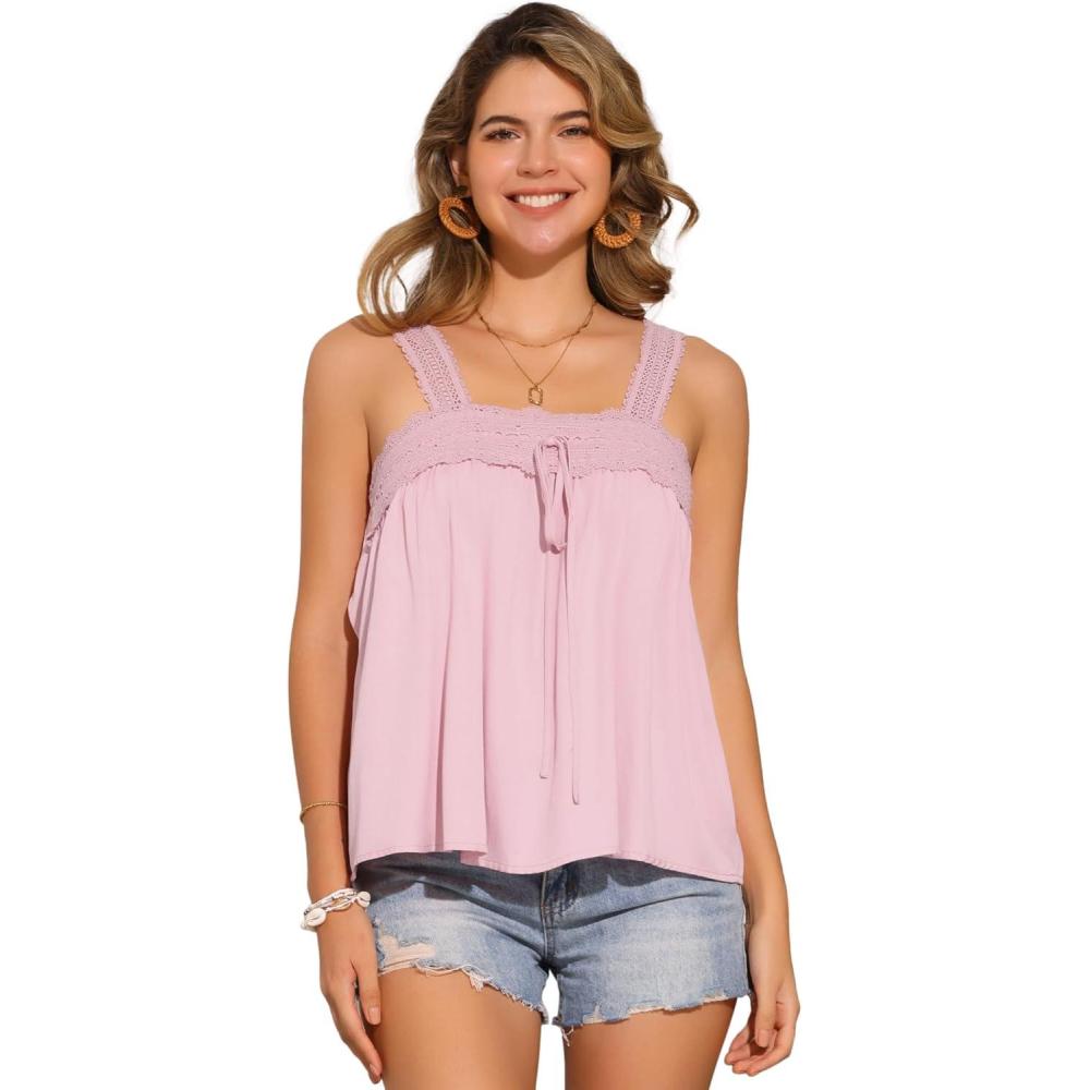imageAllegra K Casual Sleeveless Top for Womens Square Neck Panel Lace Ruffles Tank TopsPink