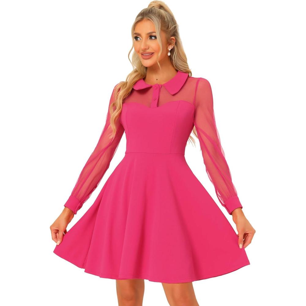 imageAllegra K Cocktail Party Dress for Womens Sheer Mesh Panel Long Sleeve Mini ALine DressesHot Pink